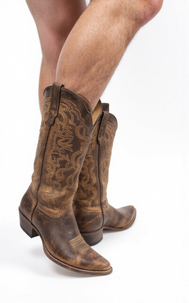 A male model wearing Cowboy boots, against a white background, with a close   up of the feet